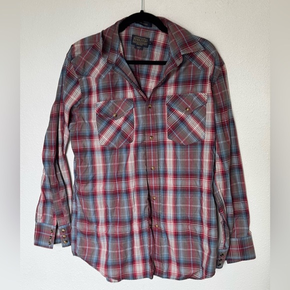 Pendleton Other - Pendleton Frontier Shirt Mens M Red Blue Palid Pearl Snap Weatern